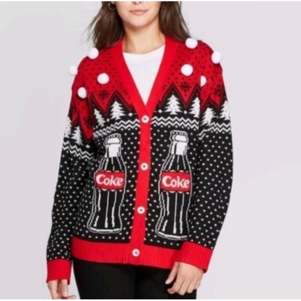 Coca-Cola Cardigan Sweater Womens XXL Polar Bear Ugly Christmas Pom Pom